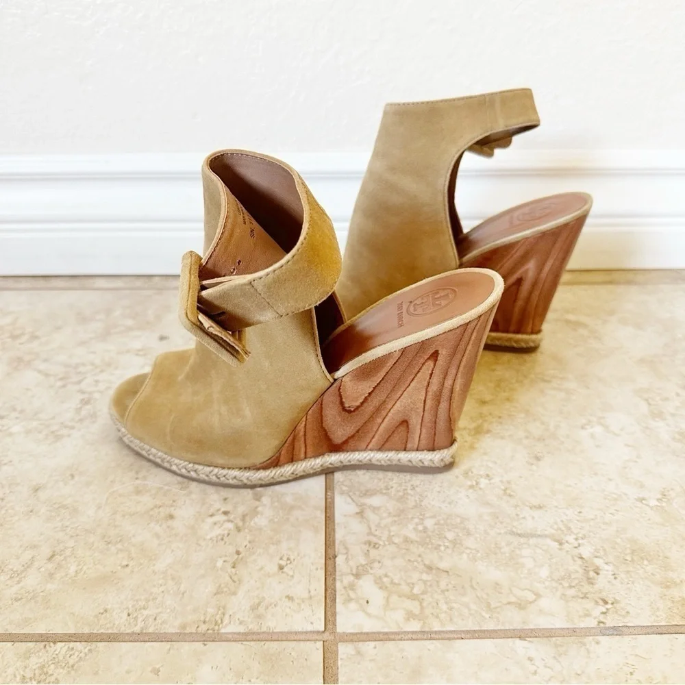 Tory Burch Tan Suede Open-Toe Wedge Sandals